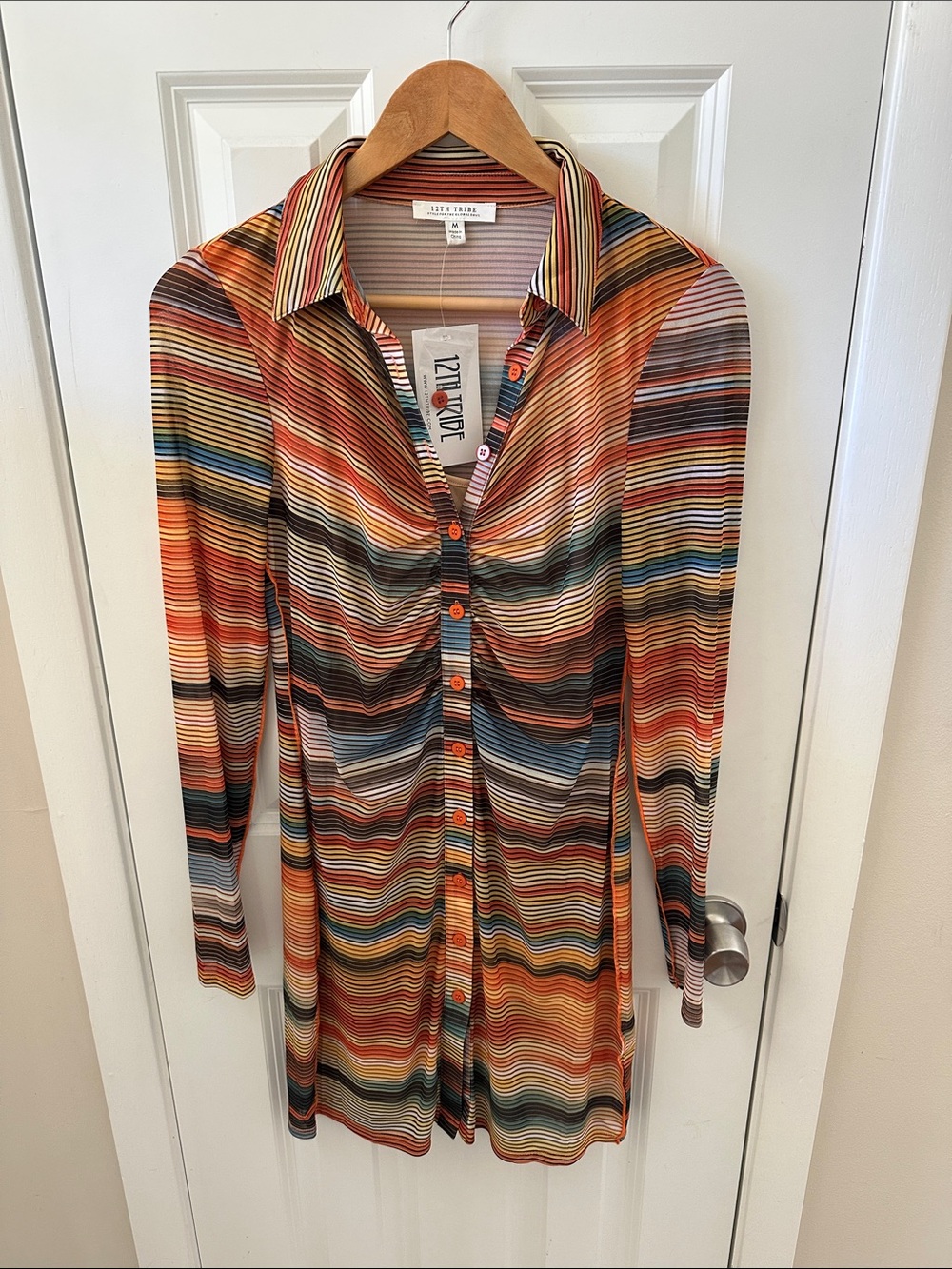 12th Tribe Striped Button-Up Shirt Dress in Orange, Yellow, Teal, Black